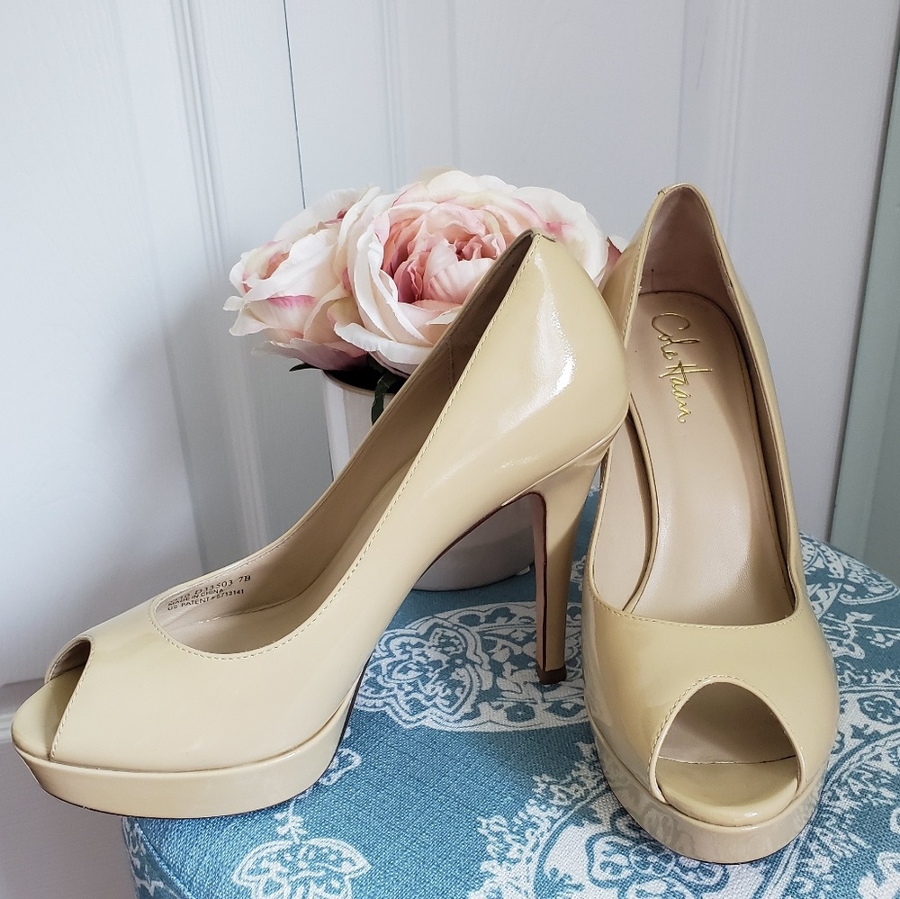 Cole Haan Beige Peep-Toe Patent Leather Pumps